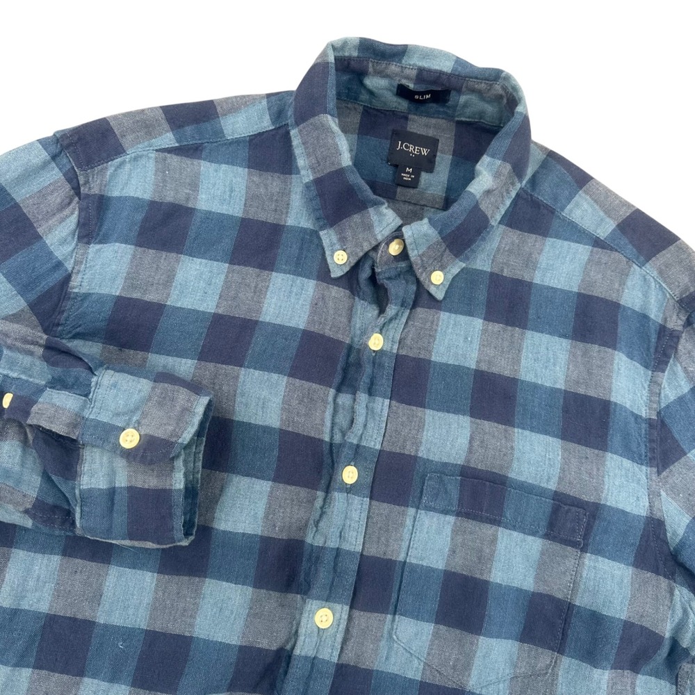 J.Crew Mens Slim Fit Linen Blend Button Down Shirt Blue Buffalo Check Medium